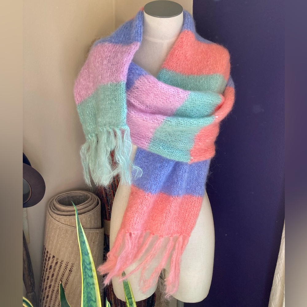 New Rose Carmine Pastel Colorful Striped Mohair Knit Scarf